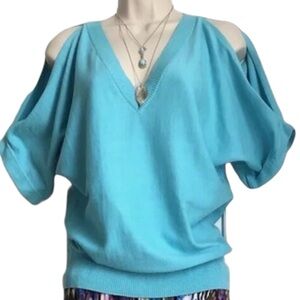 Michael Kors Sweater Size S Blue cold shoulder Light Knit 100% cotton VNeck NWOT